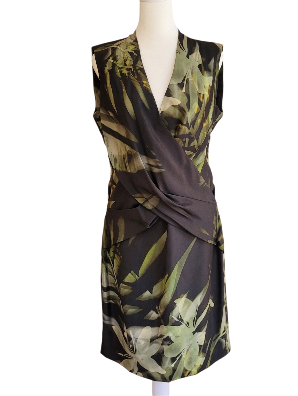 PAUW Amsterdam 100% Silk Olive and Black Sleeveless Draped V-Neck Dress 2